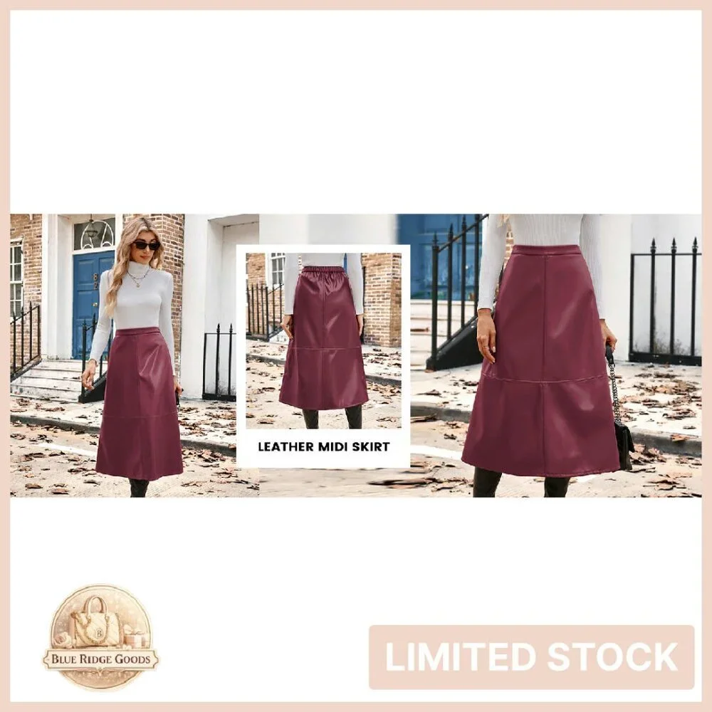 Faux Leather A-Line Midi Skirt High Waist Fall Winter Chic Elegant